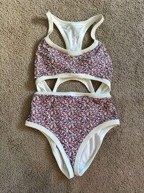 Aerie Floral Cutout One-Piece Swimsuit - Red, Blue, White.